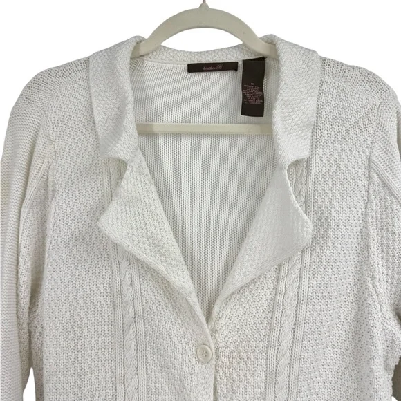 Heather B White Textured Cable Knit Button Front Cardigan 100% Cotton 3/4 Sleeve - Picture 2 of 6
